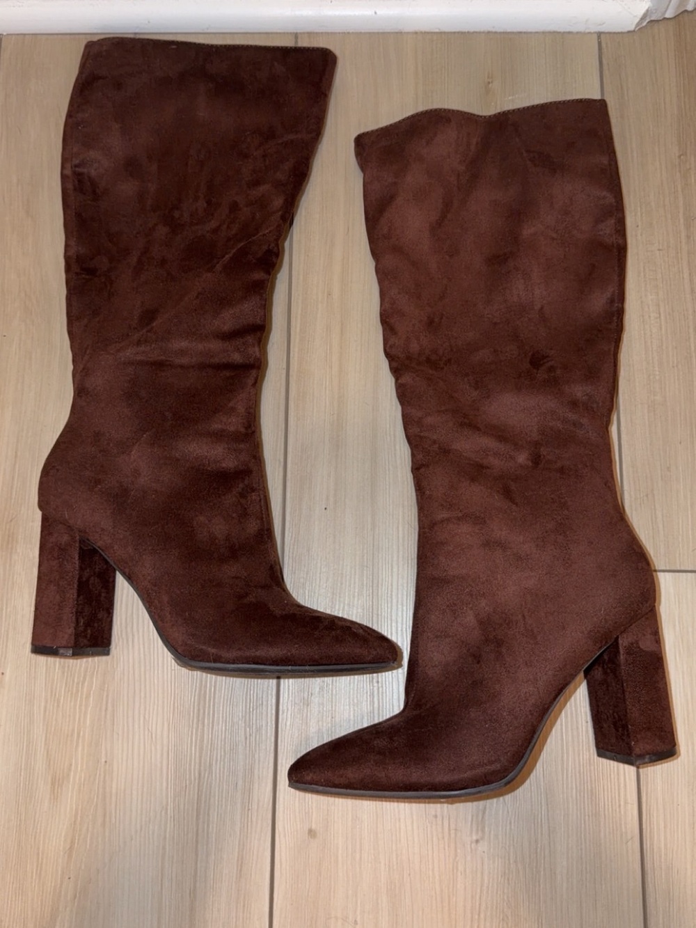 BAMBOO Dark Brown Suede Knee-High Block Heel Boots